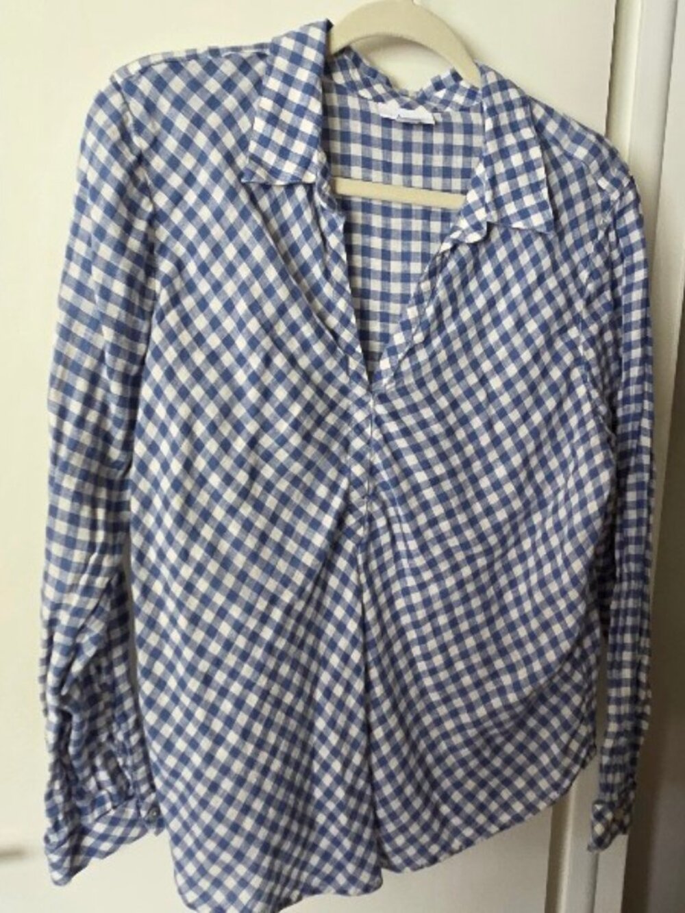 J Jill Linen Blue-Check Top with Long Sleeves, Placket Neck and Collar, Size L